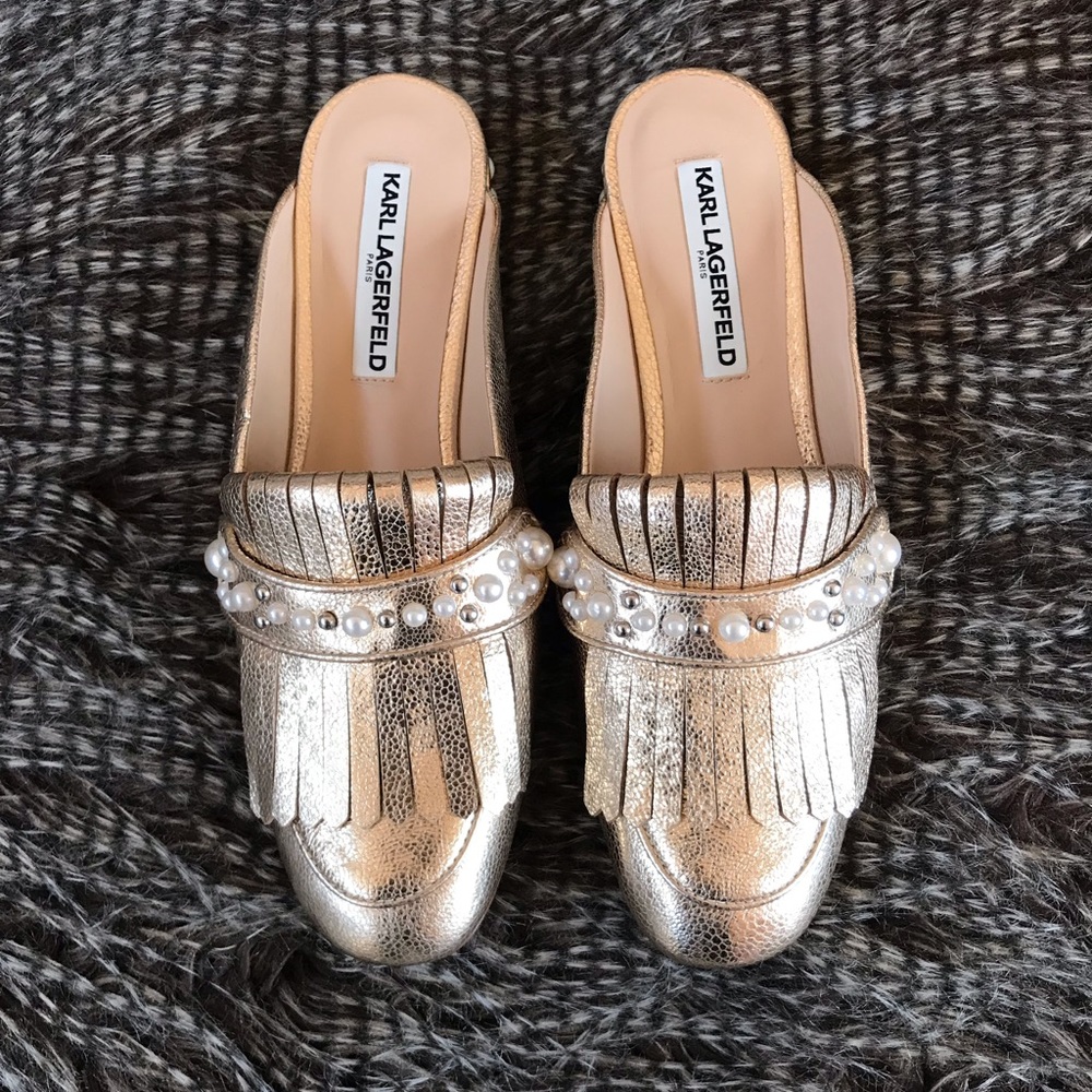 Karl Lagerfeld Metallic Gold Pearl-Embellished Fringe Mules - Picture 2 of 7